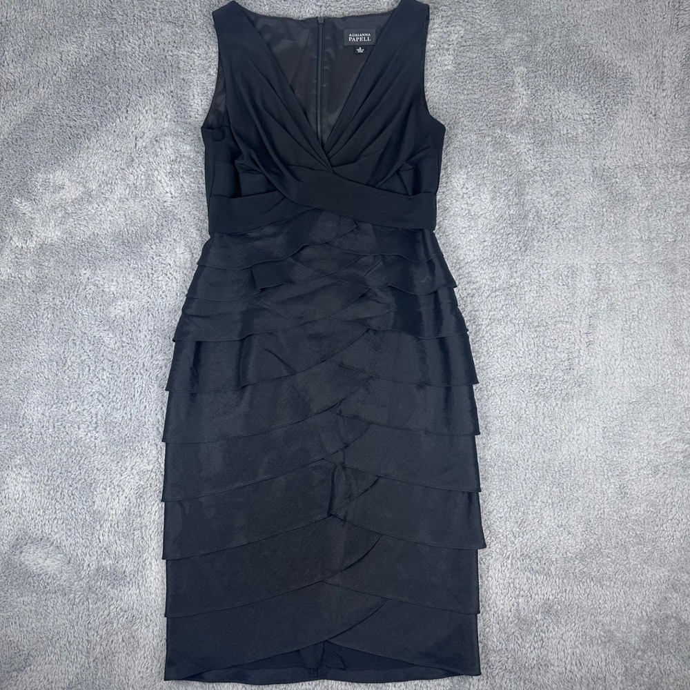 Adrianna Papell Sheath Dress‎ Womens 8 Black Tiered Petal Ruched V-Neck Cocktail